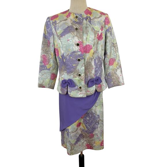 Vtg 80s Utah Tailoring Designer Skirt Suit Pastel Brocade Purple Business Event - Picture 2 of 16